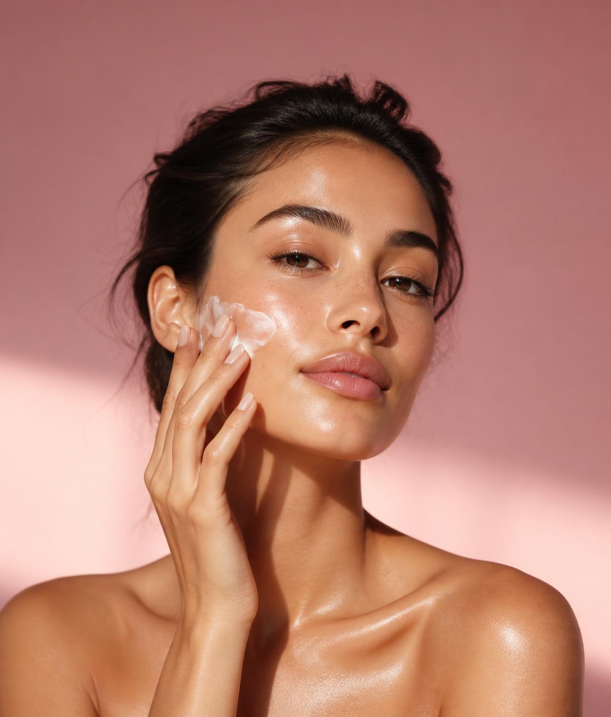 Woman with glowing skin applying cream