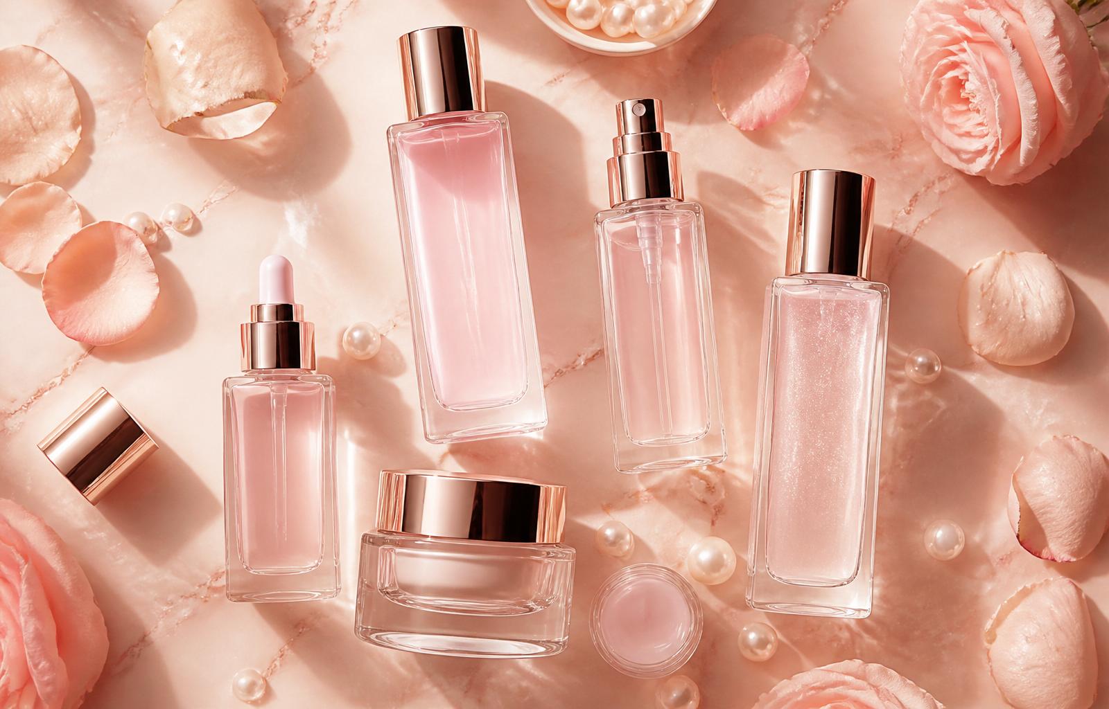 Luxury blush-toned cosmetics flatlay